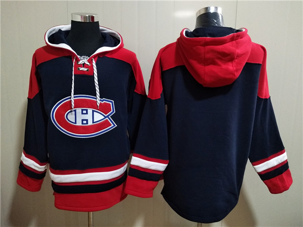 Men's Montreal Canadiens Blank Navy/Red Lace-Up Pullover Hoodie